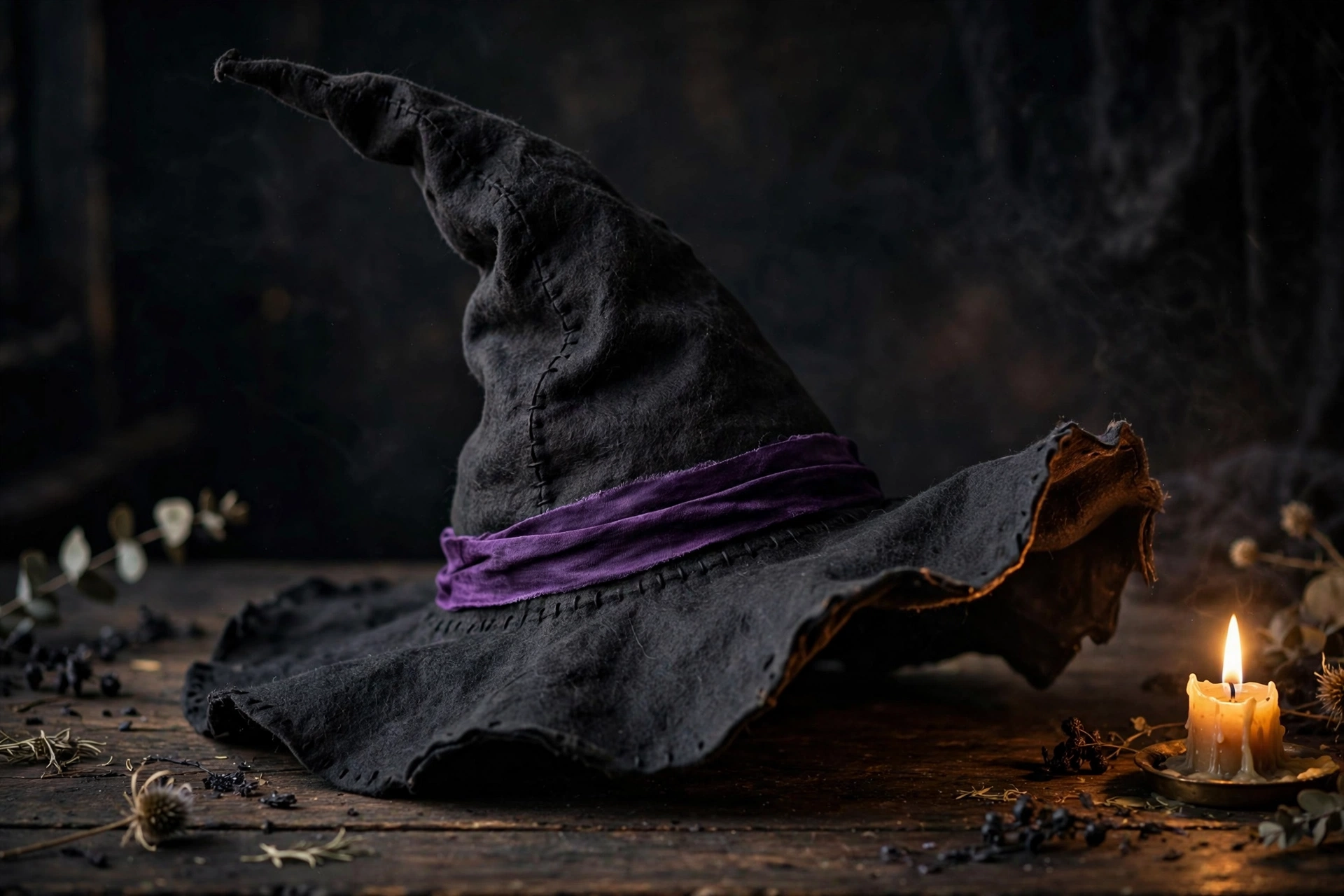 Handmade black witch hat with wired brim