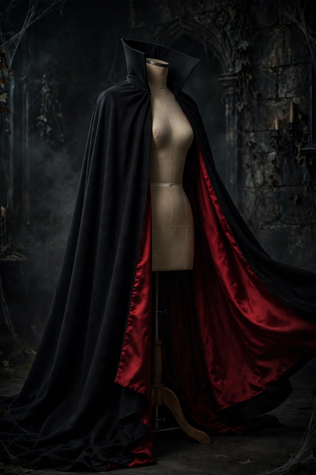 Dramatic black vampire cloak with red lining