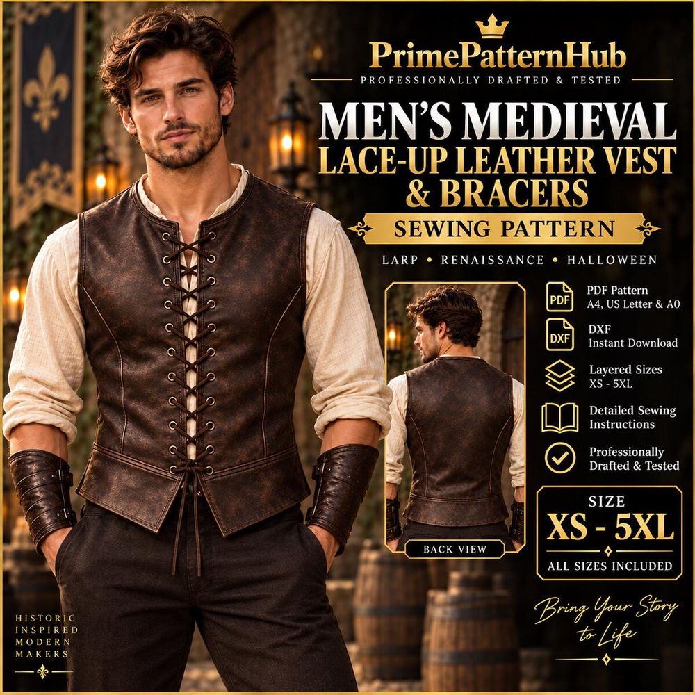 Men's Medieval Lace-Up Leather Vest & Bracers – PDF sewing pattern