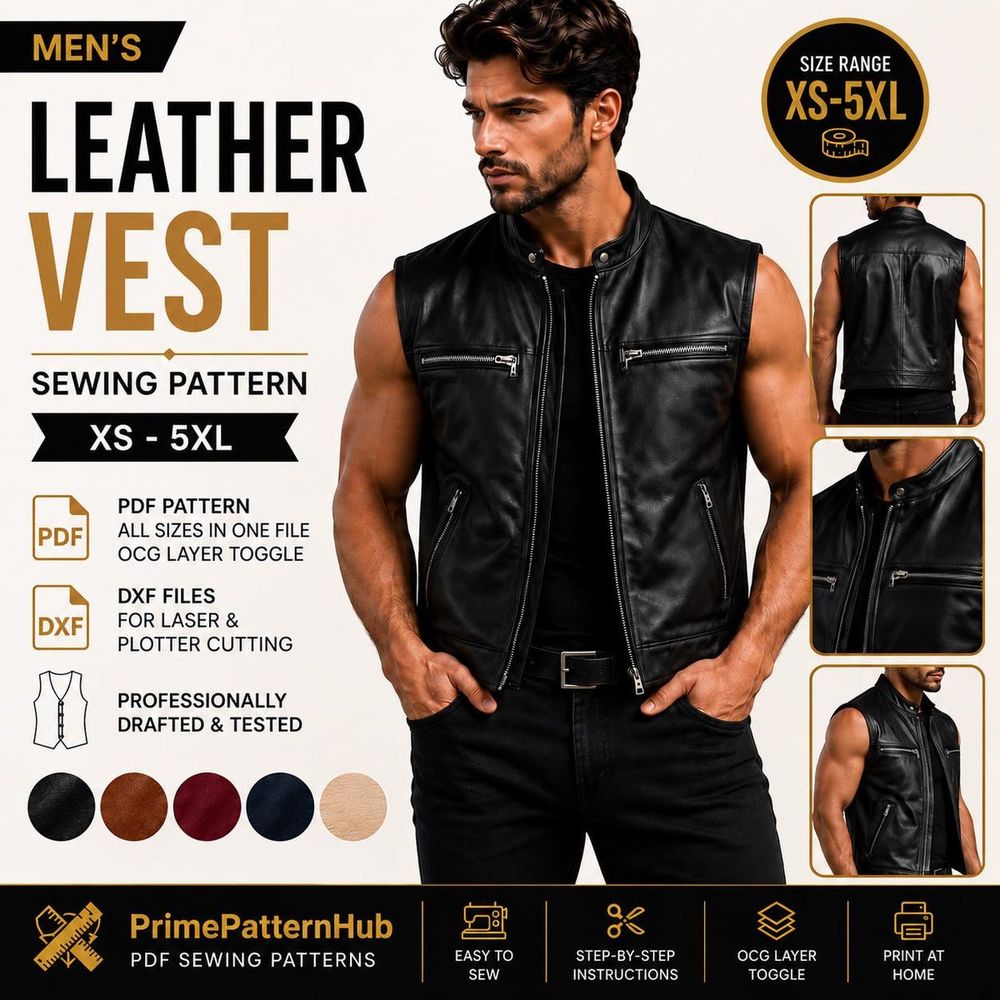 Men's Moto Biker Leather Vest – PDF sewing pattern